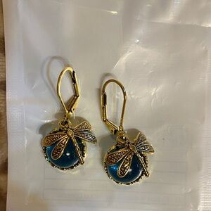 Gold Dragonfly Drop Earrings with Teal Cabochon